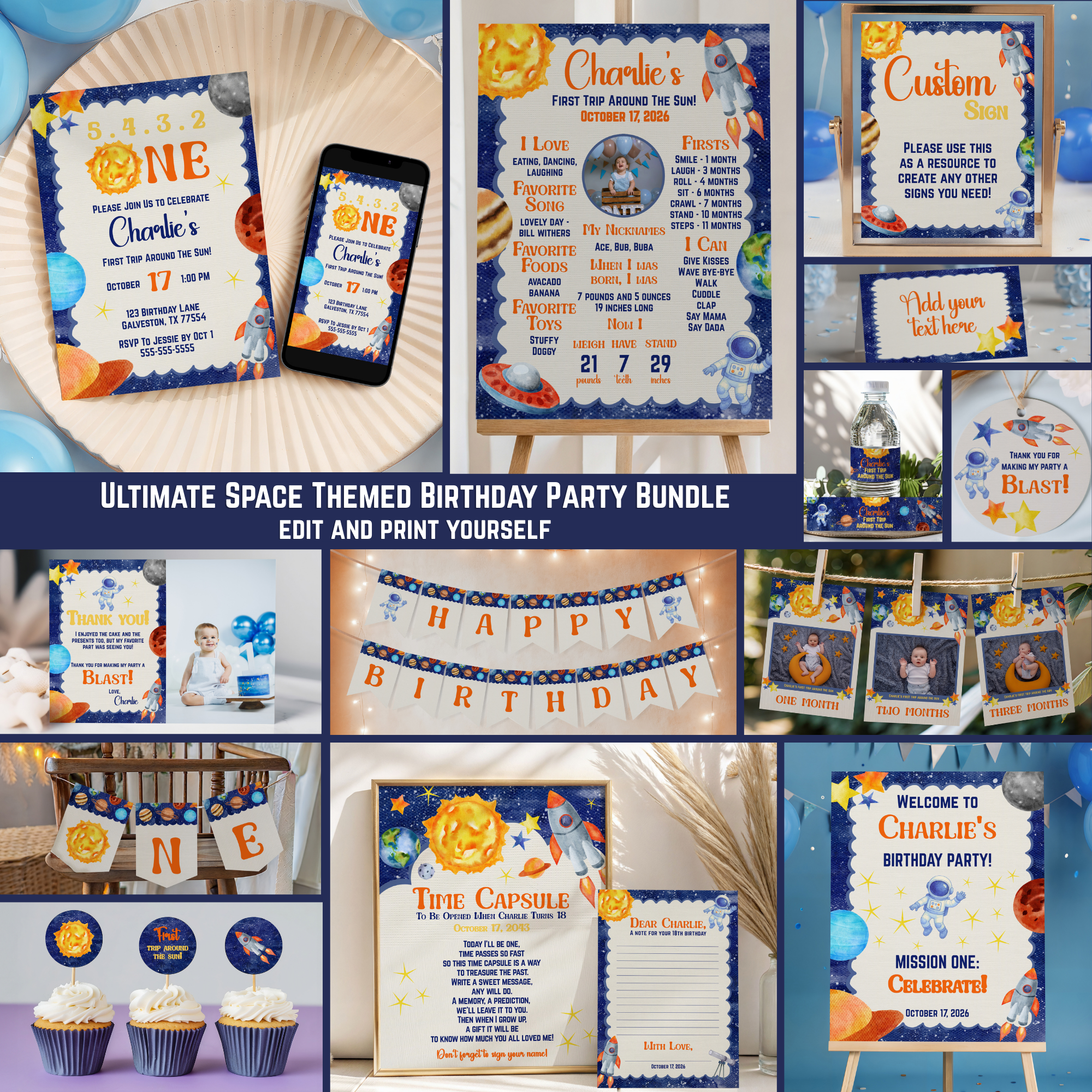 First Trip Around the Sun Birthday Party Bundle | Editable Space Decor (Digital Download)