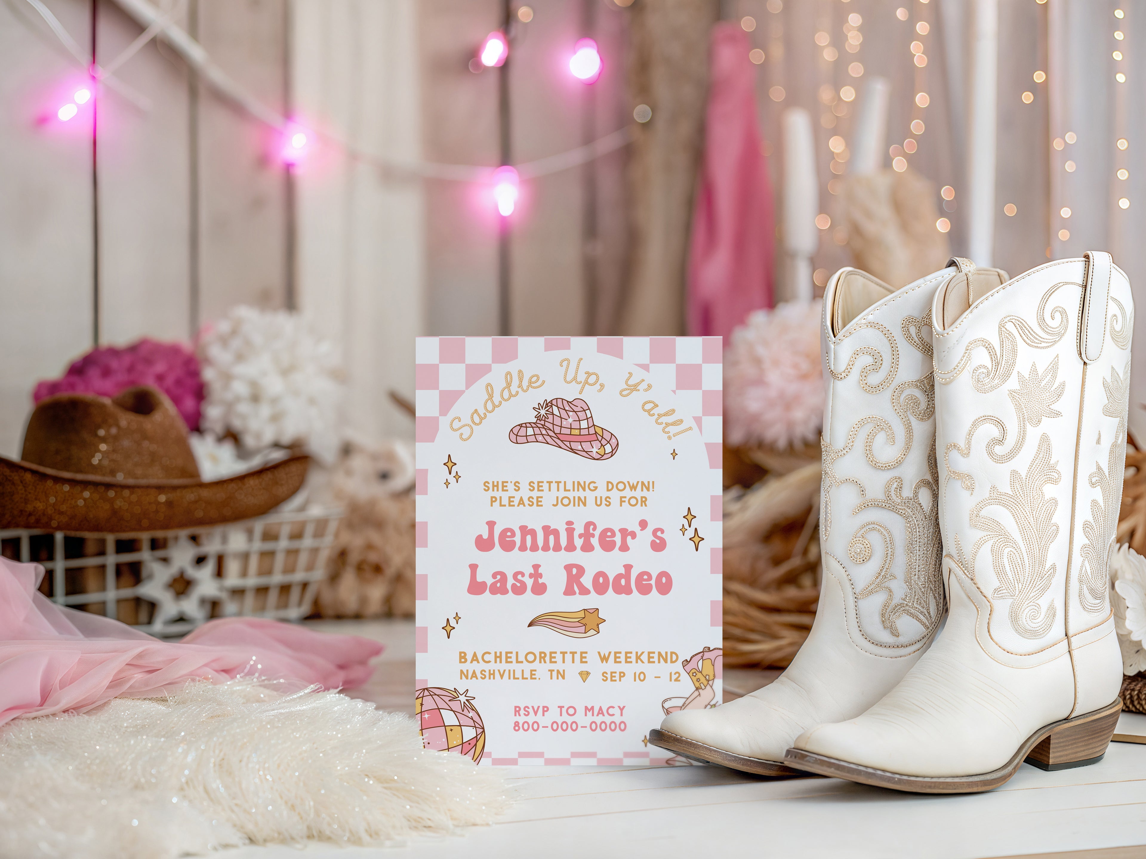 Groovy Last Rodeo Bachelorette Invitation Template | Nashville Bach Weekend Itinerary | Disco Cowgirl Editable Invitation