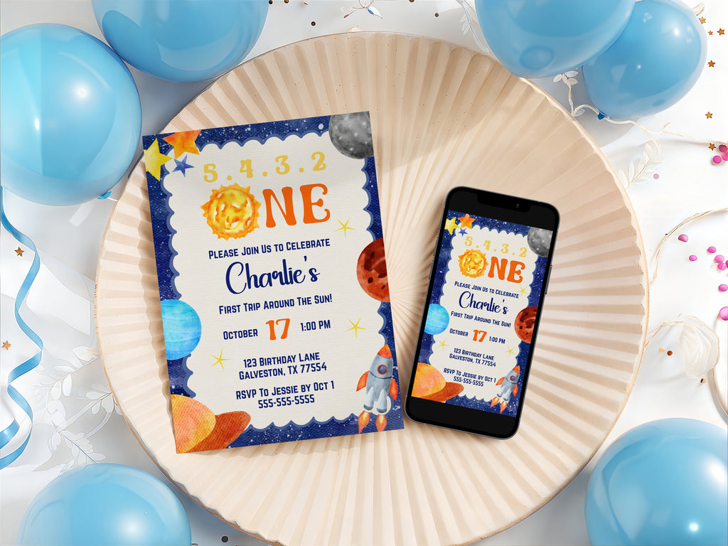 First Trip Around the Sun Birthday Invitation | Space Theme (Digital Download)