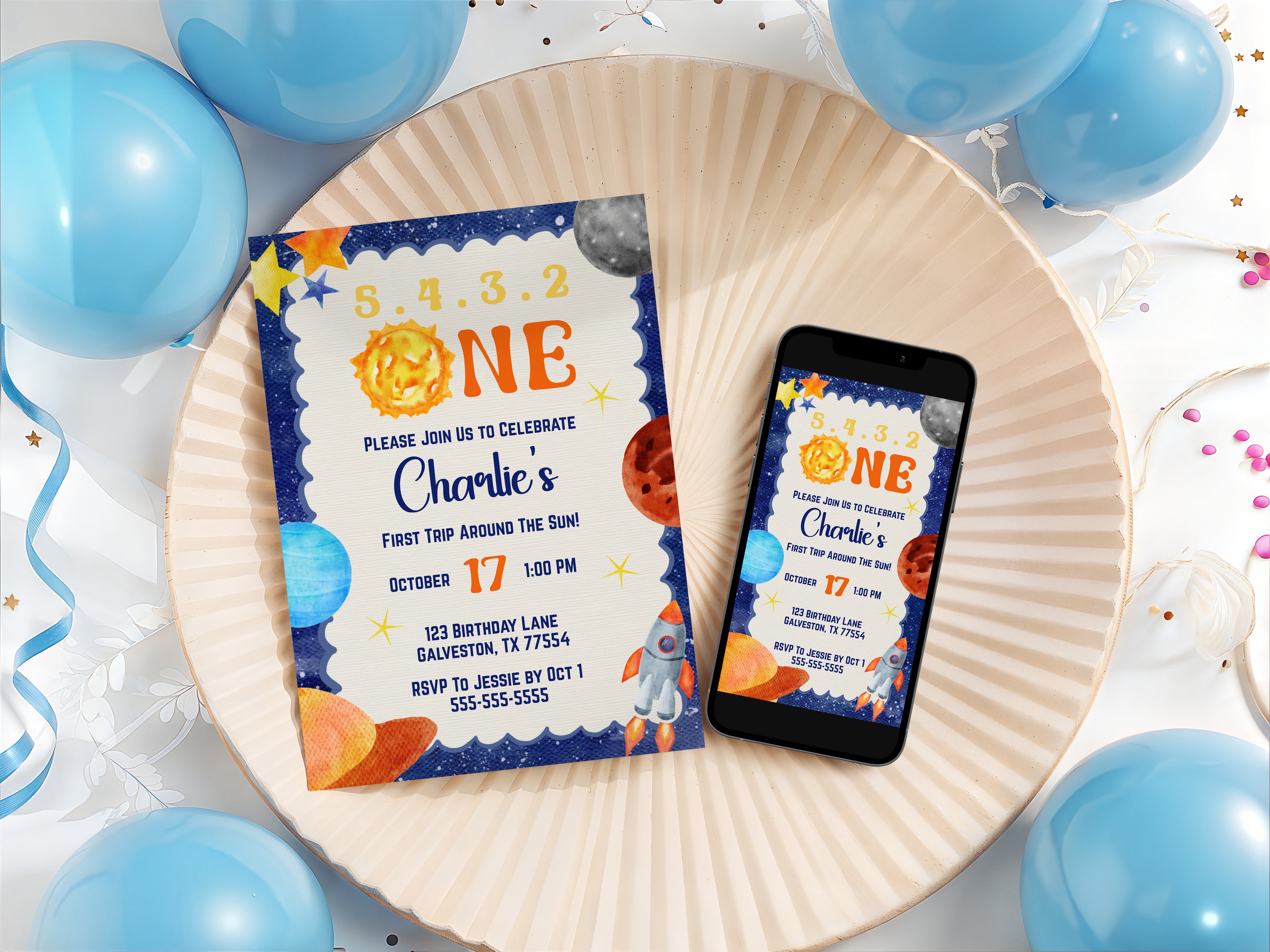 First Trip Around the Sun Birthday Invitation | Space Theme (Digital Download)