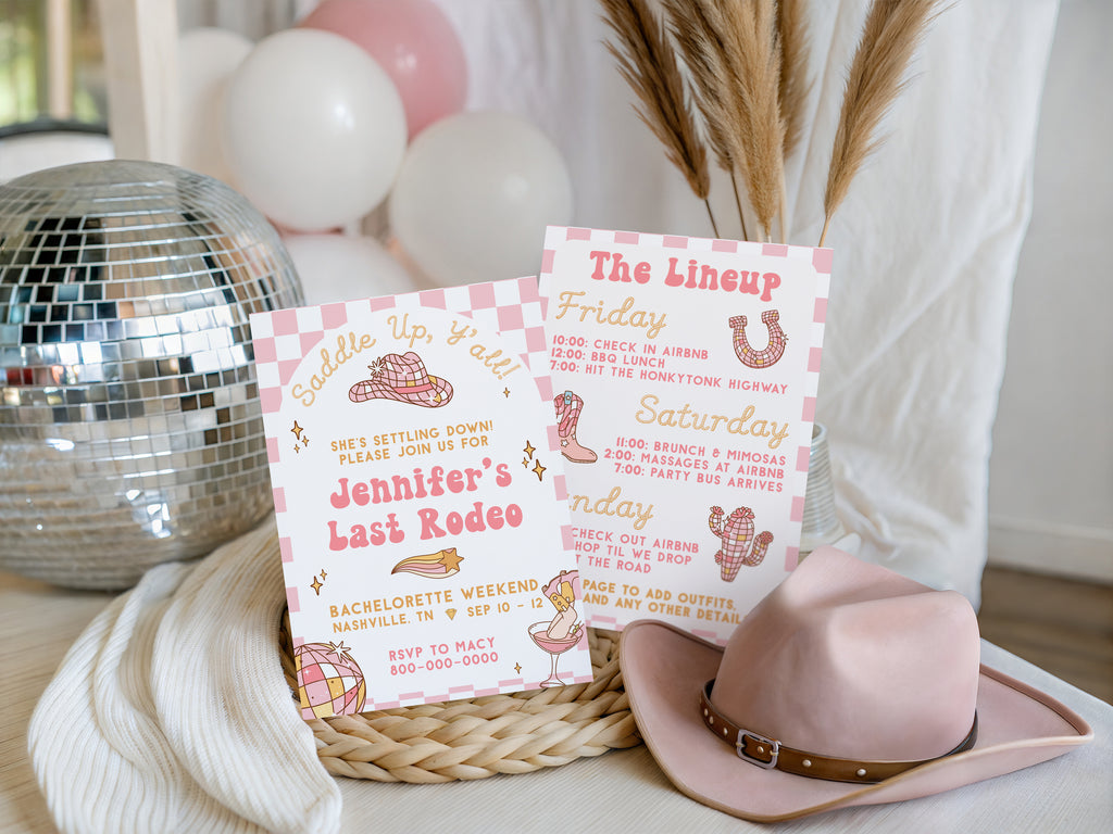 Groovy Last Rodeo Bachelorette Invitation Template | Nashville Bach Weekend Itinerary | Disco Cowgirl Editable Invitation