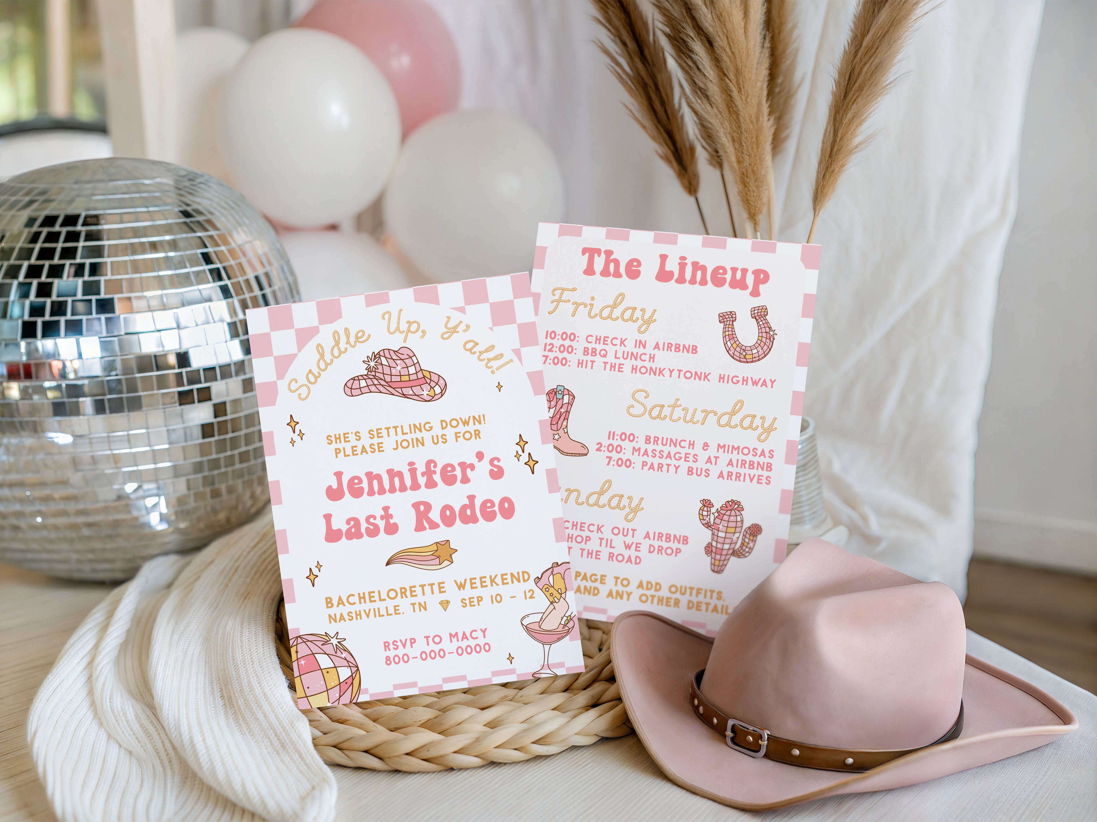 Groovy Last Rodeo Bachelorette Invitation Template | Nashville Bach Weekend Itinerary | Disco Cowgirl Editable Invitation