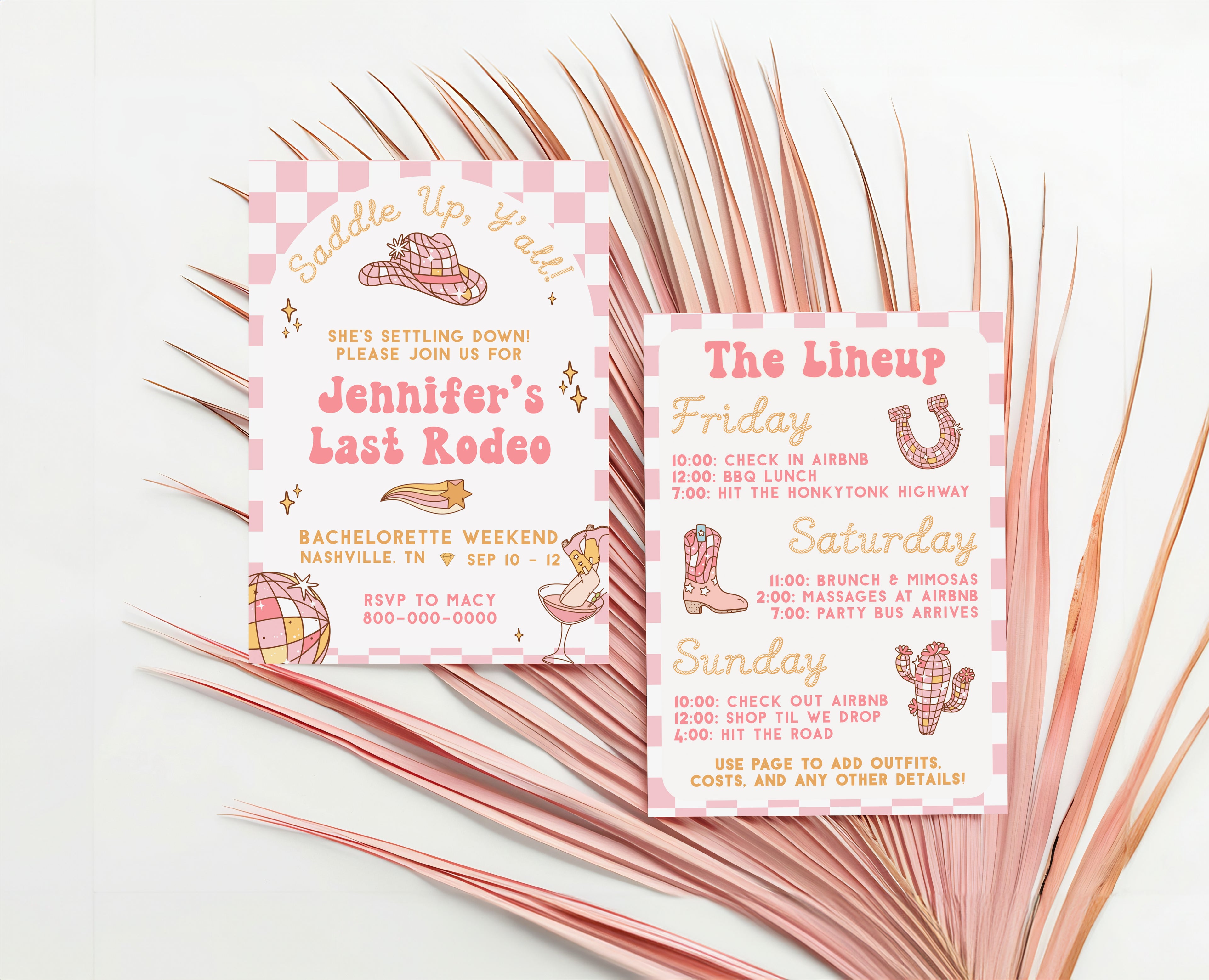 Groovy Last Rodeo Bachelorette Invitation Template | Nashville Bach Weekend Itinerary | Disco Cowgirl Editable Invitation